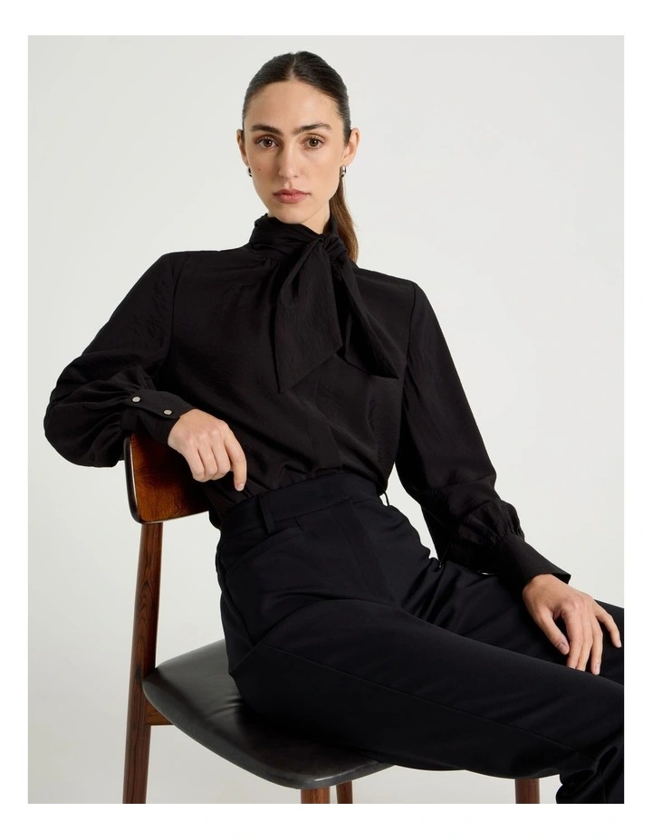 Long Sleeve Tie Front Crinkle Top in Black image 1