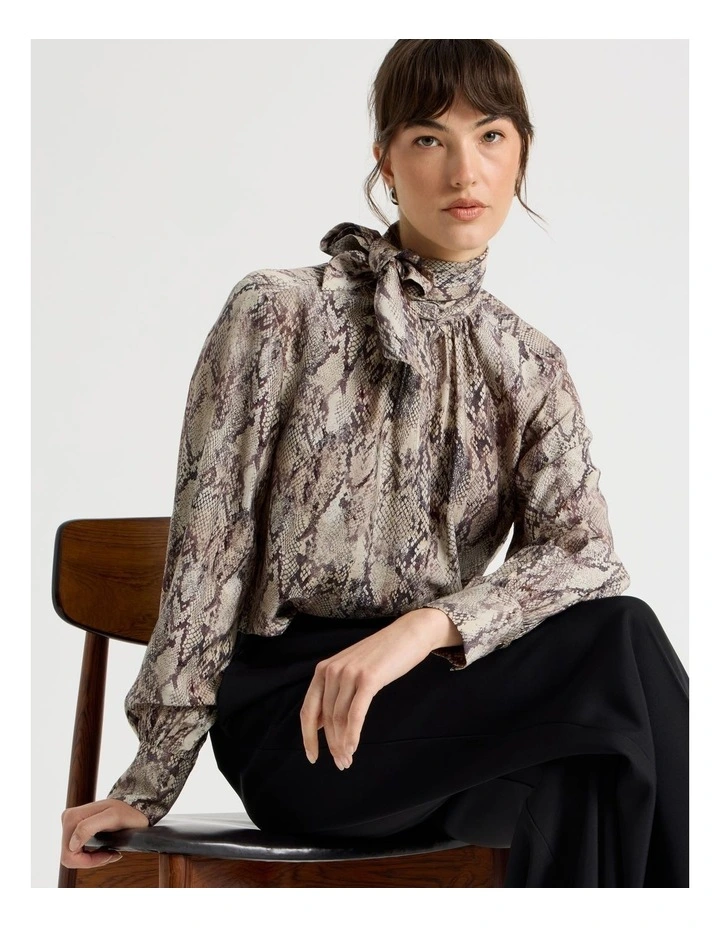 Long Sleeve Tie Front Crinkle Top in Snake Print image 1