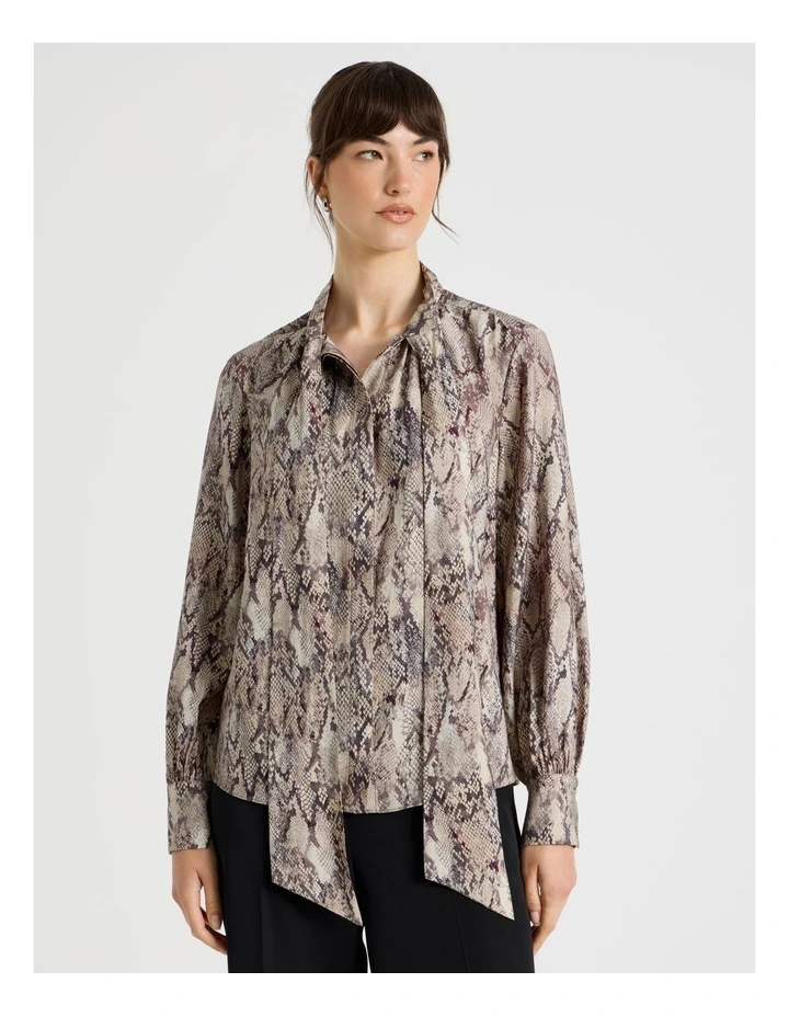 Long Sleeve Tie Front Crinkle Top in Snake Print image 6