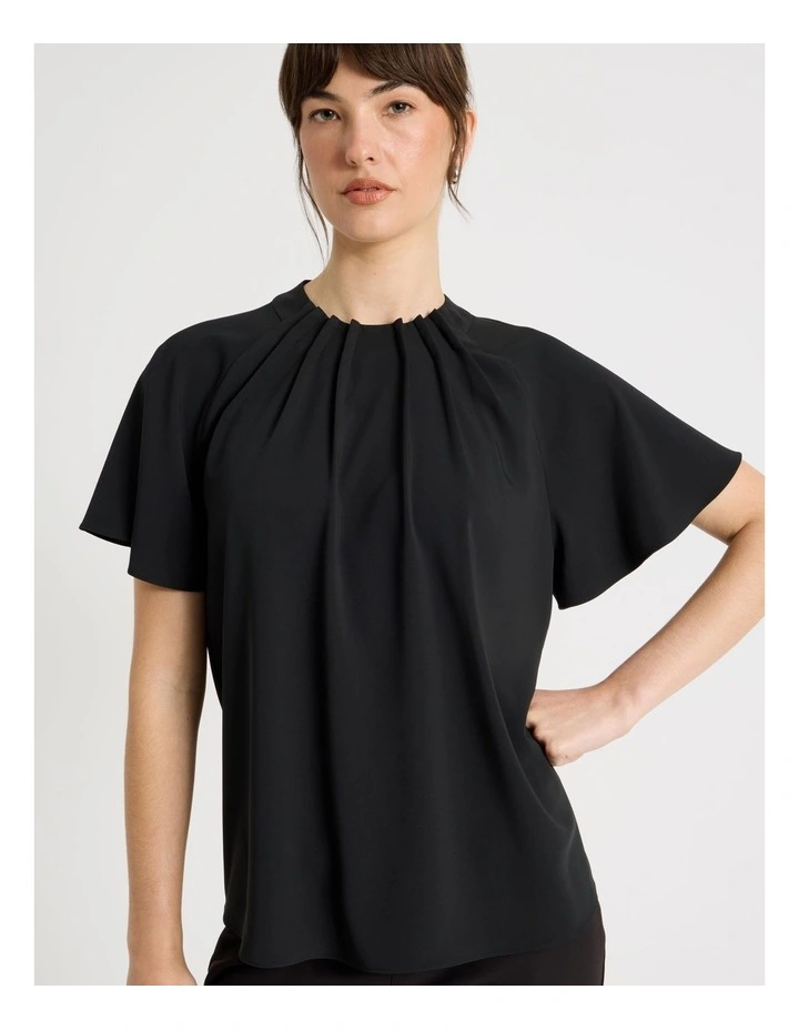 Pintuck Twill Short Sleeve Top in Black image 3