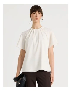 Pintuck Twill Short Sleeve Top in Ecru