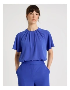 Pintuck Twill Short Sleeve Top in Cobalt