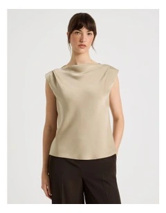 Sleeveless Poly Satin Top in Stone