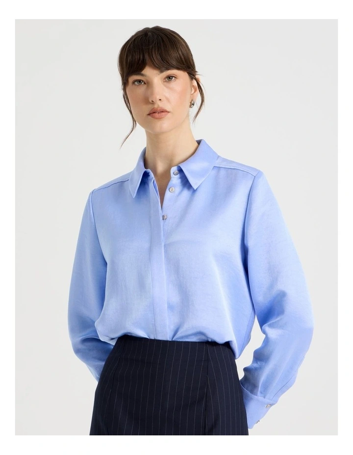 Long Sleeve Double Faced Satin Shirt in Cornflower image 1