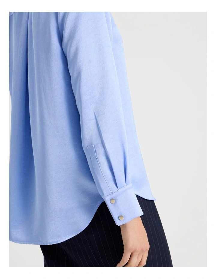 Long Sleeve Double Faced Satin Shirt in Cornflower image 2