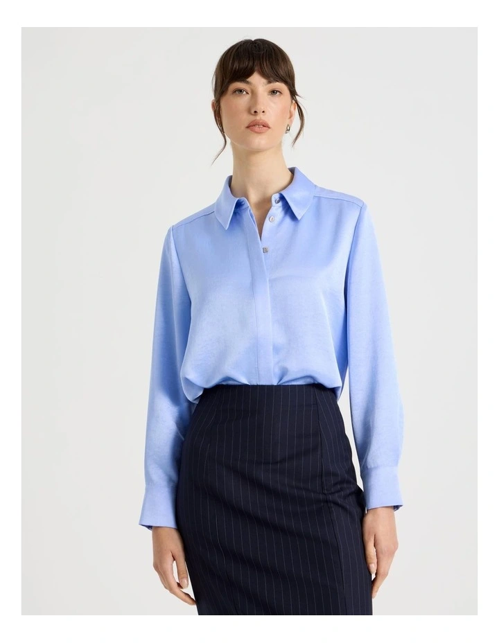 Long Sleeve Double Faced Satin Shirt in Cornflower image 3