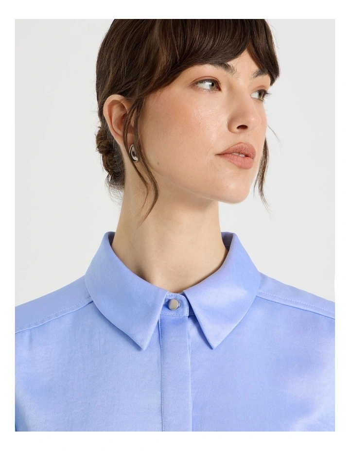Long Sleeve Double Faced Satin Shirt in Cornflower image 4
