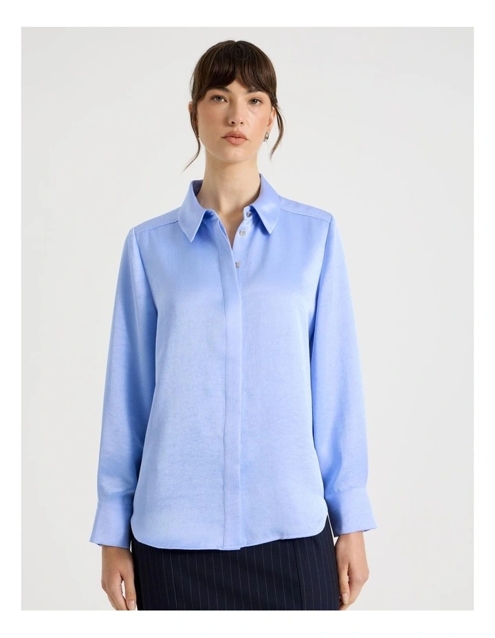 Long Sleeve Double Faced Satin Shirt in Cornflower image 5
