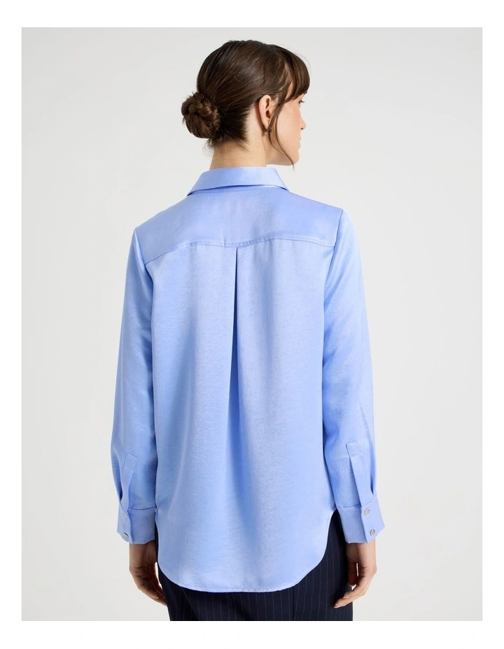 Long Sleeve Double Faced Satin Shirt in Cornflower image 6