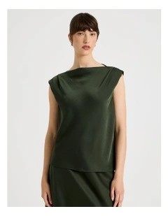 Sleeveless Poly Satin Top in Dark Green