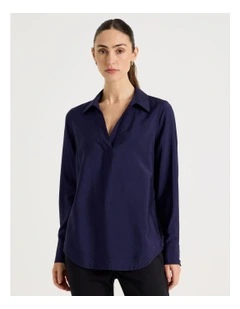 Viscose Crinkle Long Sleeve Top in Navy