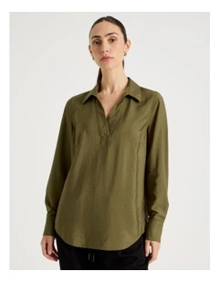 Viscose Crinkle Long Sleeve Top in Khaki