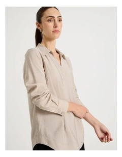 Viscose Crinkle Long Sleeve Top in Stone