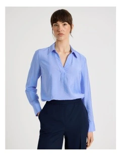 Viscose Crinkle Long Sleeve Top in Cornflower