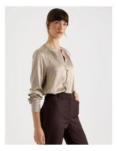 Satin Button Through Long Sleeve Top in Stone