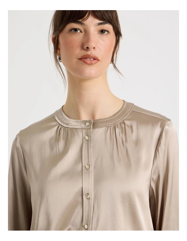 Satin Button Through Long Sleeve Top in Stone image 2