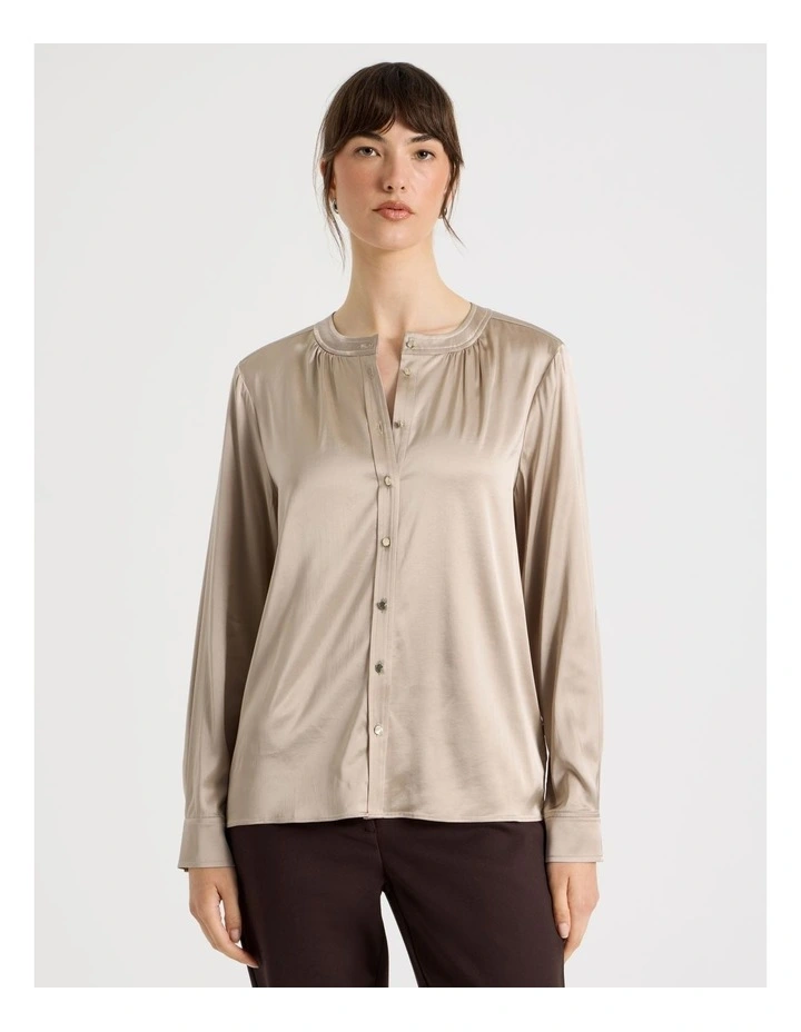Satin Button Through Long Sleeve Top in Stone image 5