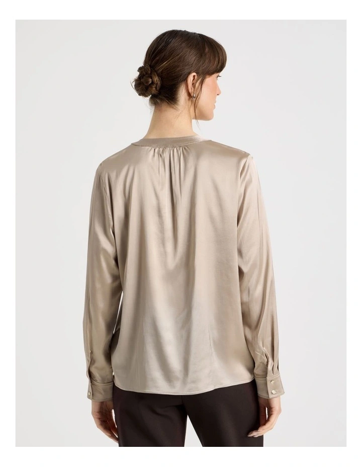 Satin Button Through Long Sleeve Top in Stone image 6