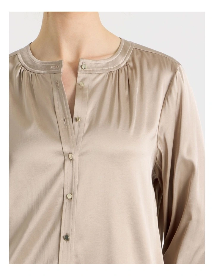 Satin Button Through Long Sleeve Top in Stone image 7