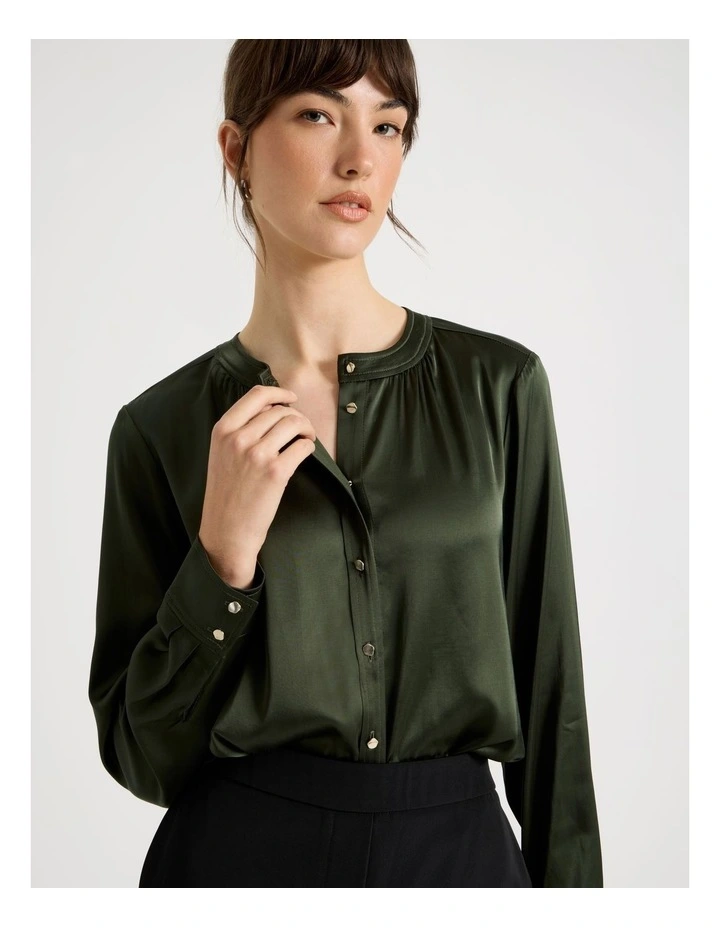 Satin Button Through Long Sleeve Top in Dark Green image 1