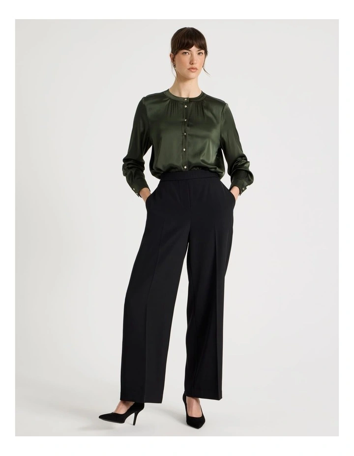 Satin Button Through Long Sleeve Top in Dark Green image 2