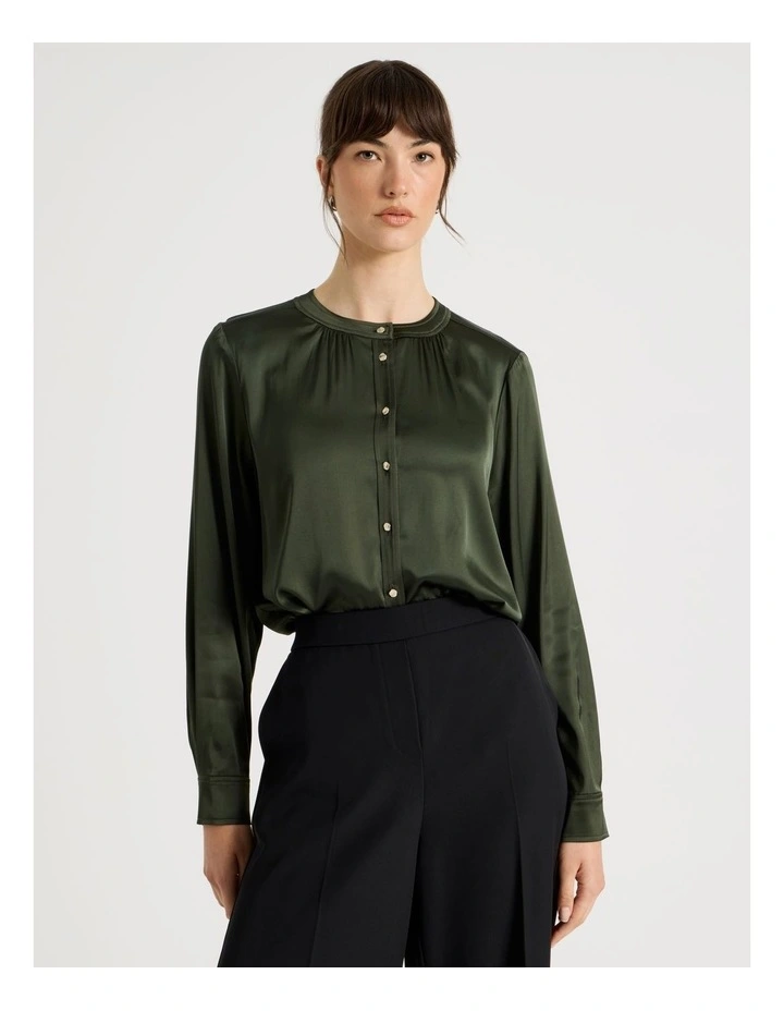 Satin Button Through Long Sleeve Top in Dark Green image 3