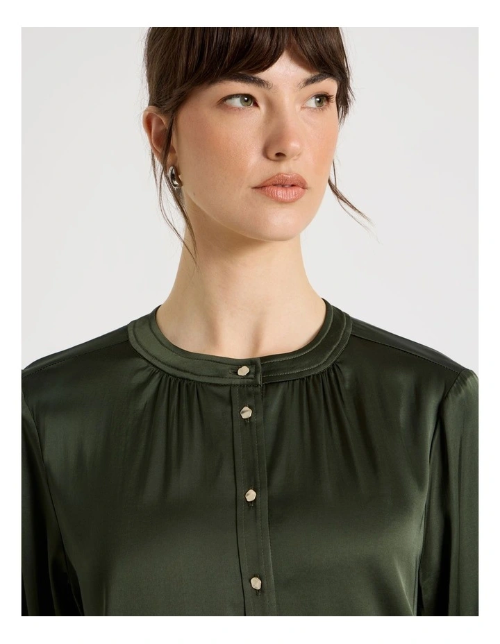 Satin Button Through Long Sleeve Top in Dark Green image 4