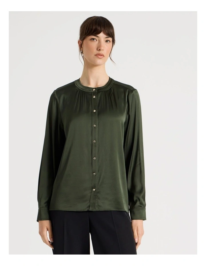 Satin Button Through Long Sleeve Top in Dark Green image 5