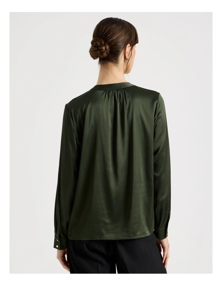 Satin Button Through Long Sleeve Top in Dark Green image 6