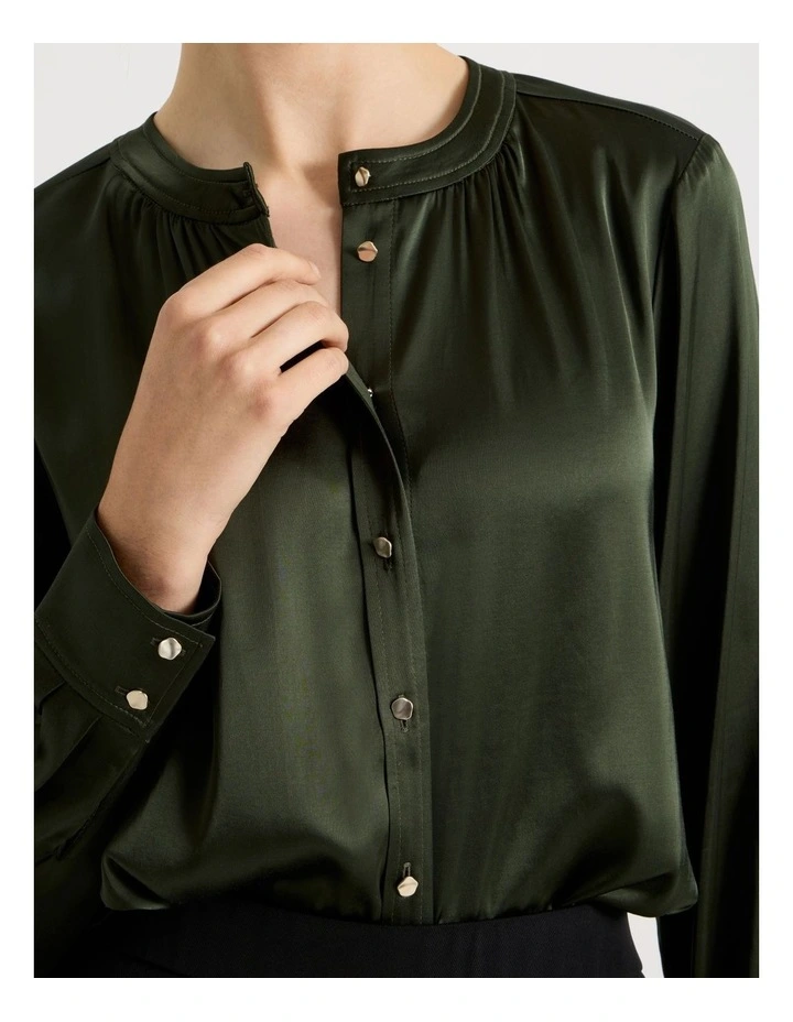Satin Button Through Long Sleeve Top in Dark Green image 7
