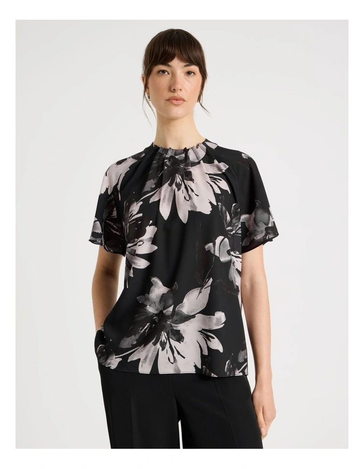 Pintuck Twill Short Sleeve Top in Monochrome Floral Print image 1