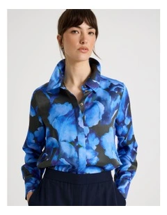 Long Sleeve Double Faced Satin Shirt in Water Floral Print