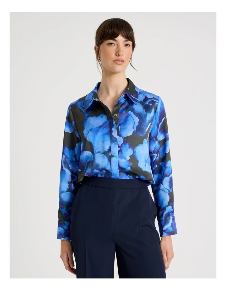 Long Sleeve Double Faced Satin Shirt in Water Floral Print image 3