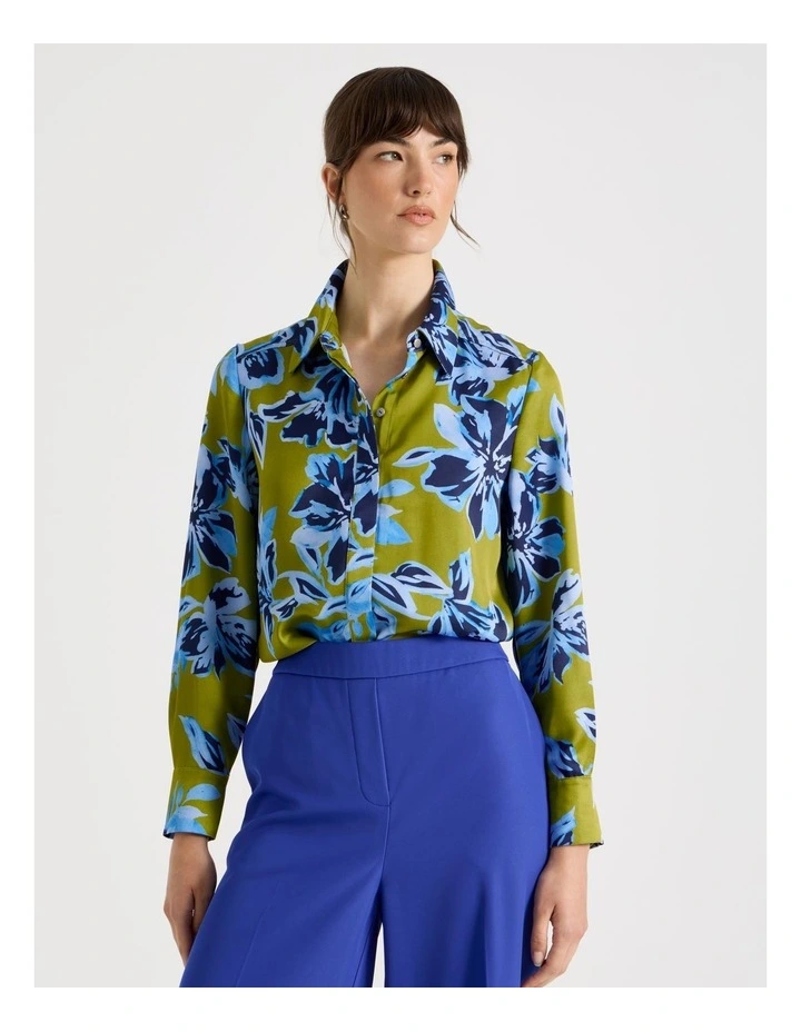 Long Sleeve Double Faced Satin Shirt in Painterly Floral Print image 1