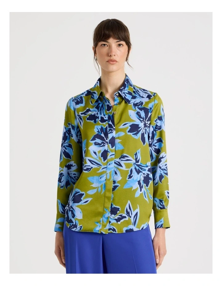 Long Sleeve Double Faced Satin Shirt in Painterly Floral Print image 4
