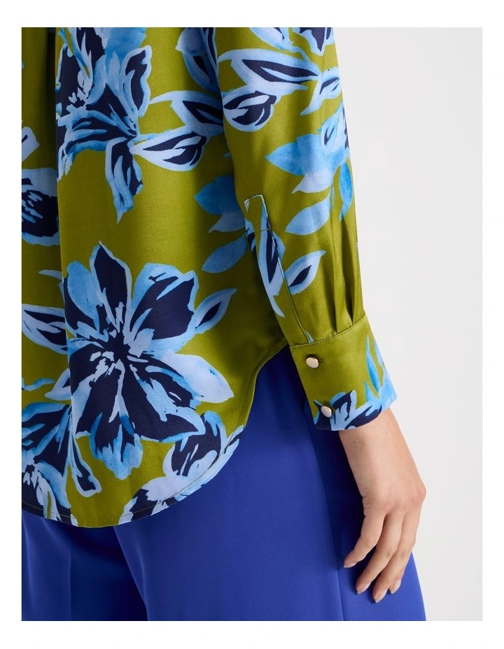 Long Sleeve Double Faced Satin Shirt in Painterly Floral Print image 6