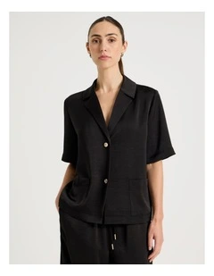 Cropped Short Sleeve Satin Shirt in Black