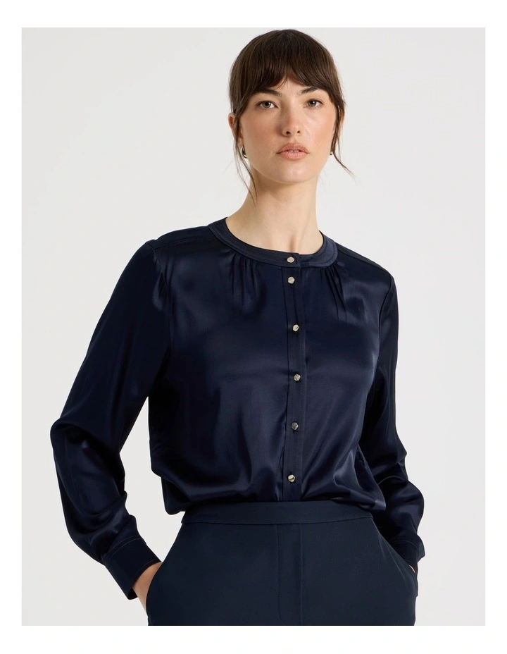 Satin Button Through Long Sleeve Top in Navy image 1