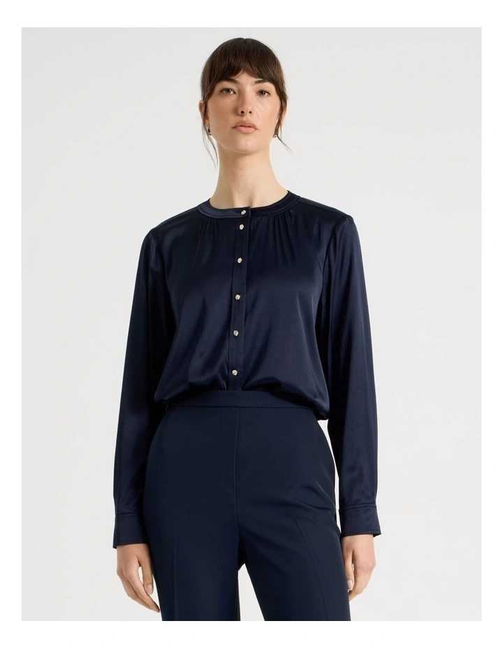 Satin Button Through Long Sleeve Top in Navy image 3