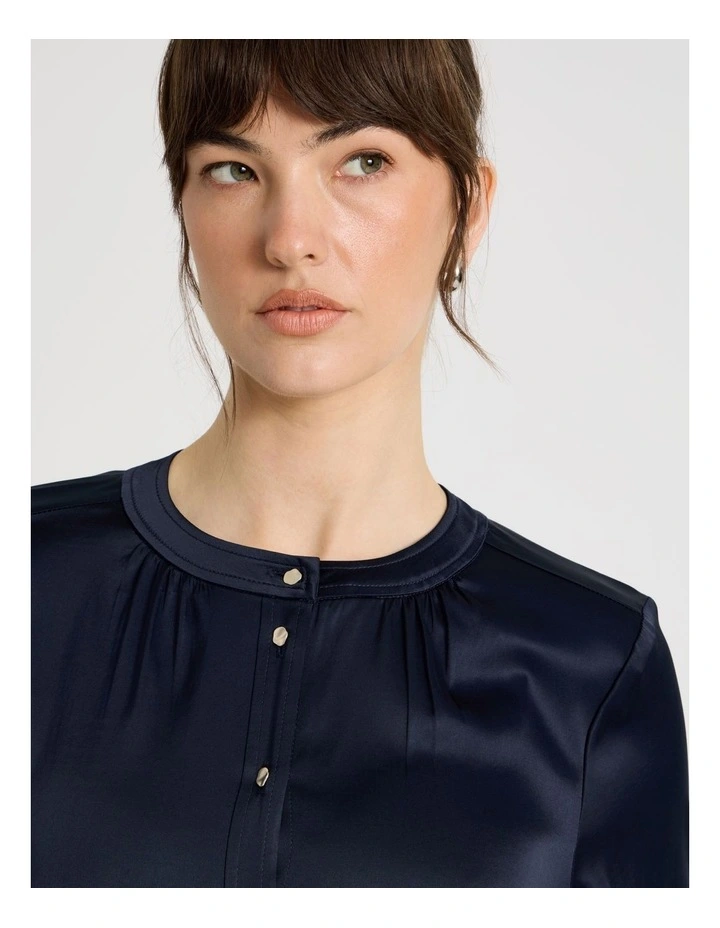 Satin Button Through Long Sleeve Top in Navy image 4