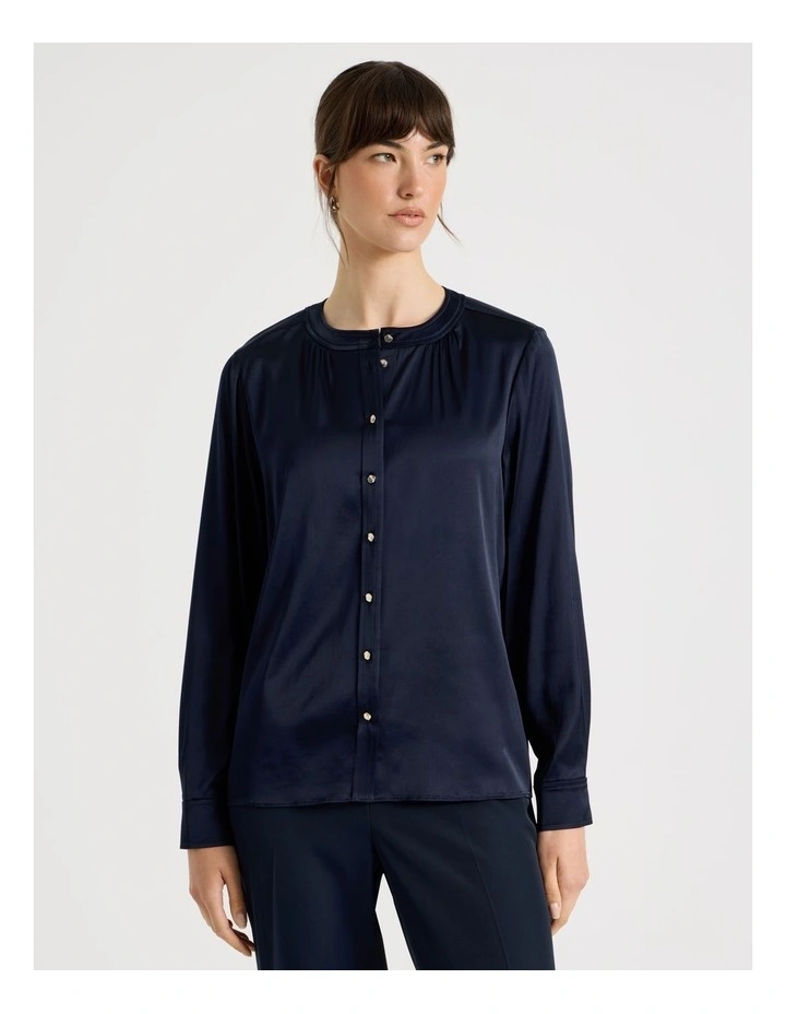 Satin Button Through Long Sleeve Top in Navy image 5