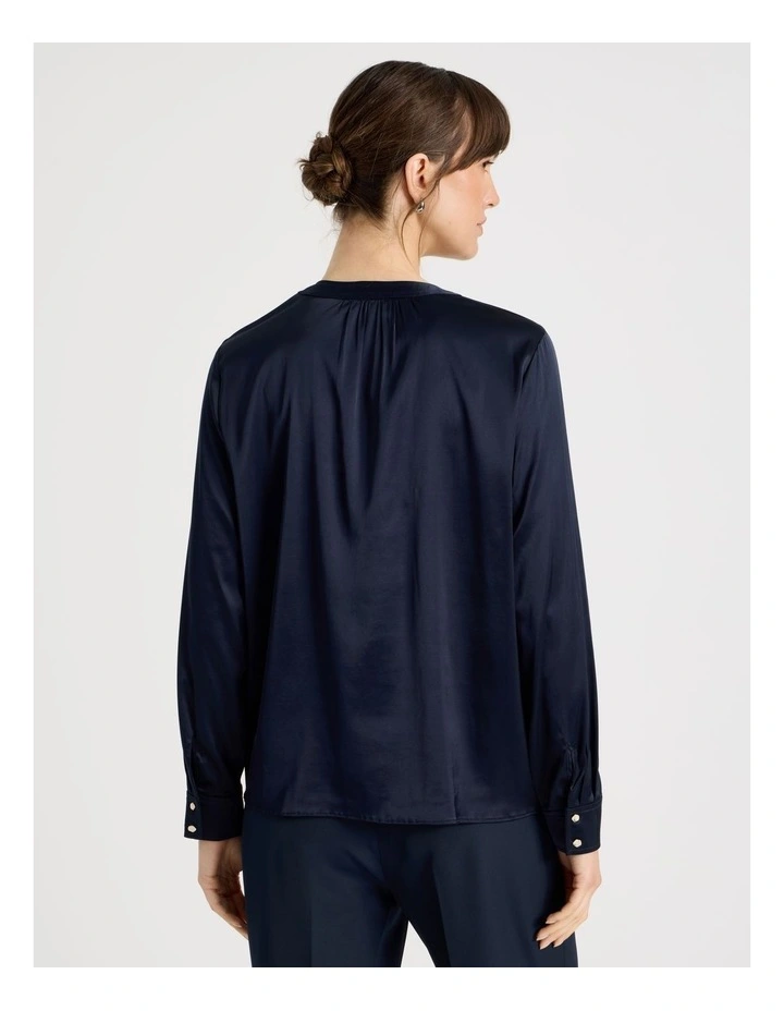 Satin Button Through Long Sleeve Top in Navy image 6