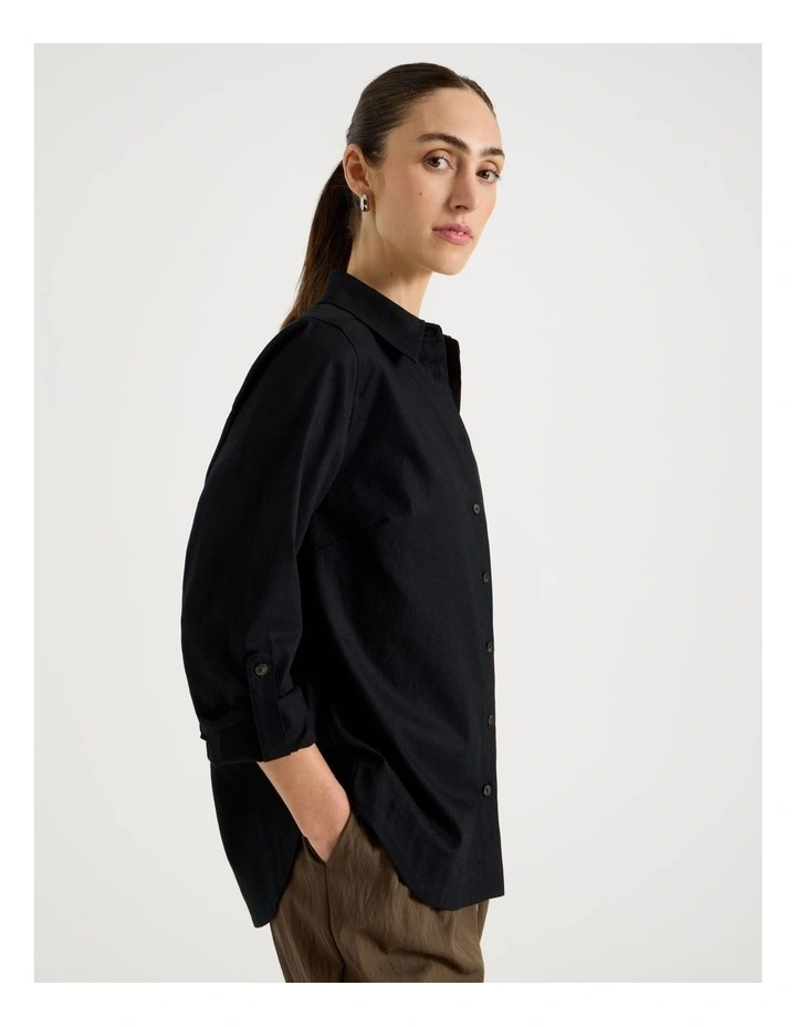 Linen Long Sleeve Shirt in Black image 1