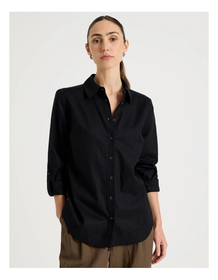 Linen Long Sleeve Shirt in Black image 3