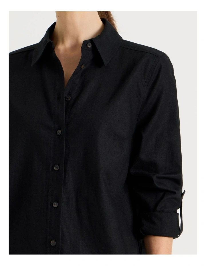 Linen Long Sleeve Shirt in Black image 4