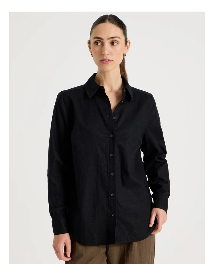 Linen Long Sleeve Shirt in Black image 5