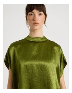 Crushed Acetate Short Sleeve Top in Pesto