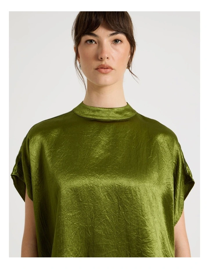 Crushed Acetate Short Sleeve Top in Pesto image 1