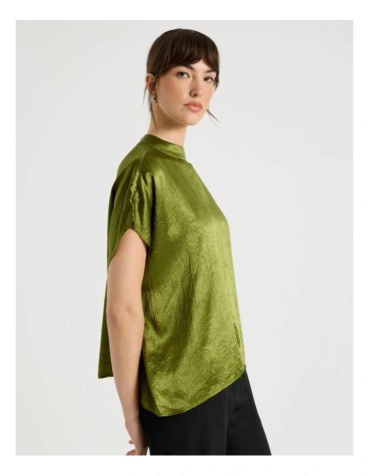 Crushed Acetate Short Sleeve Top in Pesto image 3
