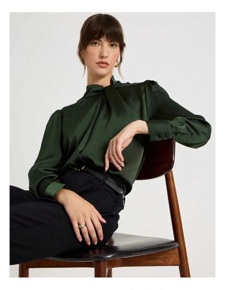 Twist Mock Neck Satin Long Sleeve Top in Dark Green image 1